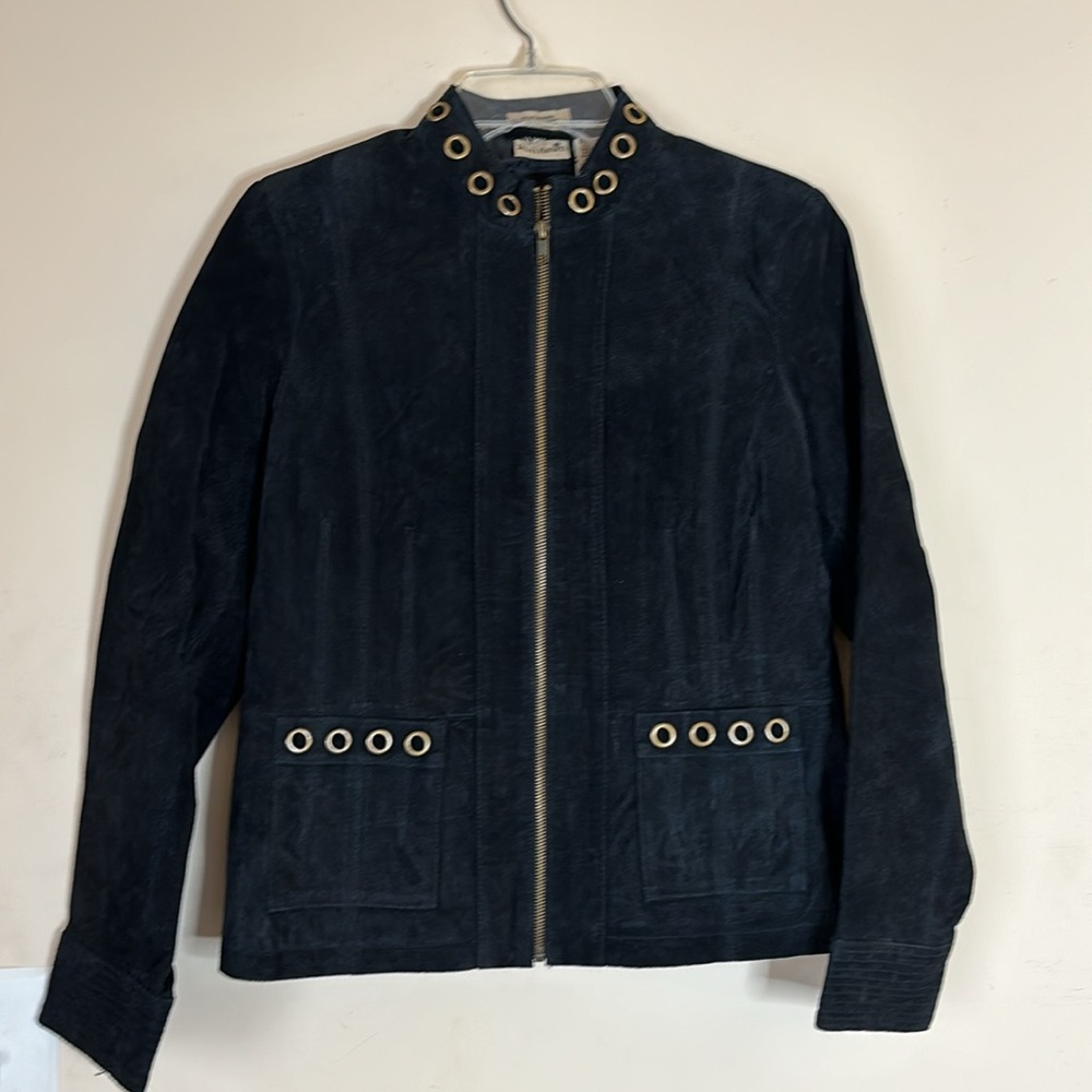 Ruff Hewn Black Leather Western Zip Up Fitted Jacket With Gold Accent-Size M